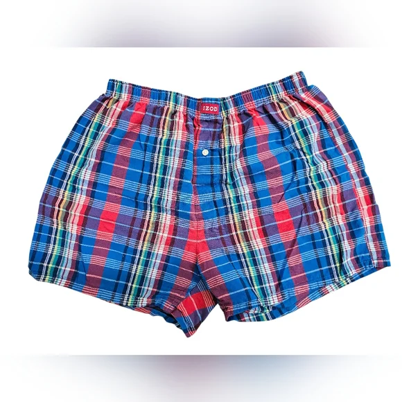 Vintage Izod Madras Plaid Boxers Men’s Medium Red Blue Cotton Woven Shorts Prep - Picture 2 of 4
